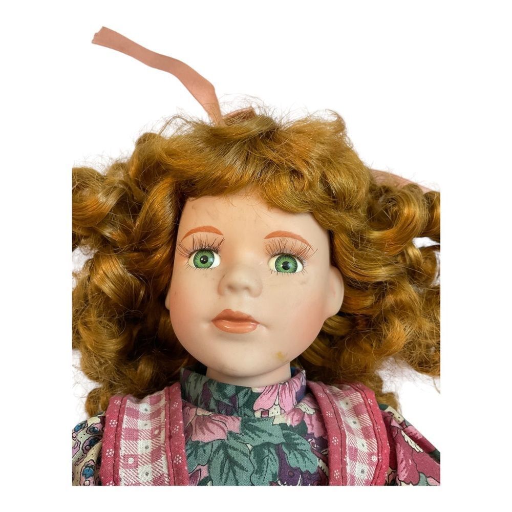 Vintage Porcelain Doll, Blonde Girl, Pink Flower Dress, Green Eyes Tall 15”. - Picture 12 of 16
